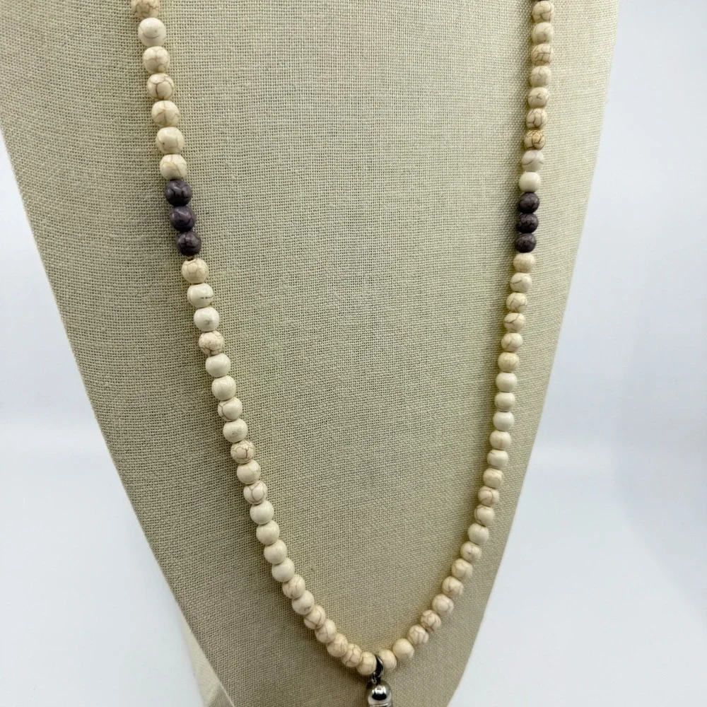 Boho White Howlite Bead Long Necklace Pink Faux Leather Tassel Statement